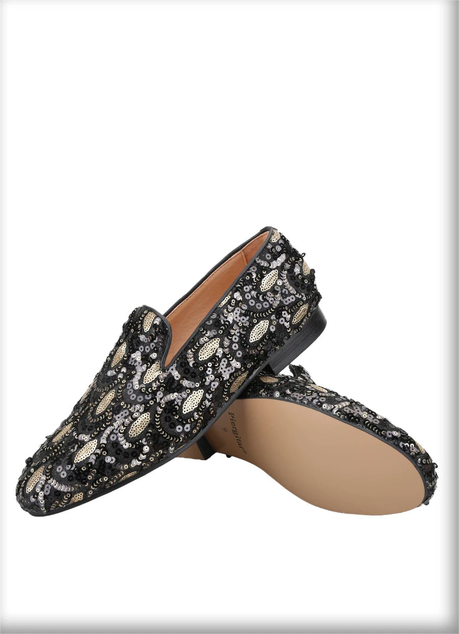 Mens smoking slippers handmade with leather insoles and gold and black glitter beads