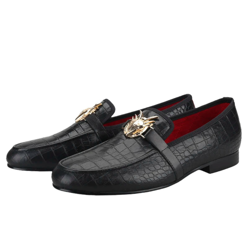 Black Cow Leather Men Smoking Loafers Fashion Metal Buckle Handmade Slide-On Loafers Wedding And Party Plus size