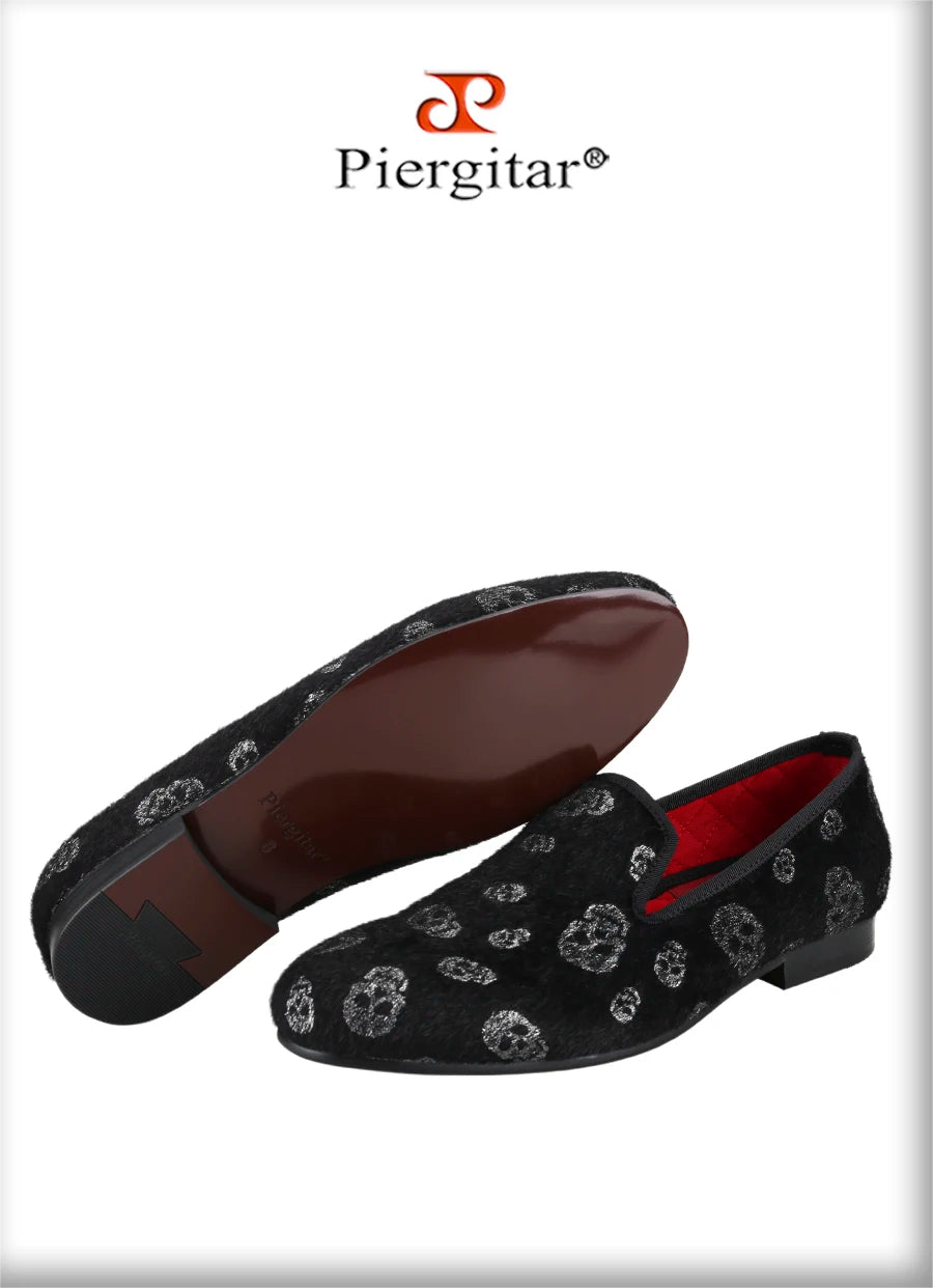 Piergitar New Style Black Horsehair Sliver Skull Embossed Men Shoes For Party Slip-On Loafers Smoking Slipper Men Flat Plus Size