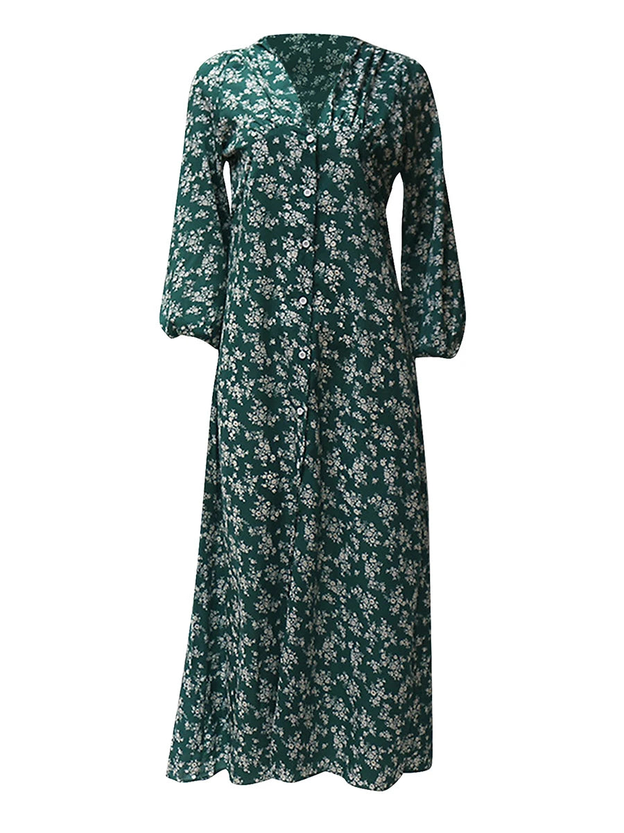 Women's Summer Bohemian Floral Print Long Maxi Dress Retro 3/4 Sleeve V-Neck Button Down High Waist Sundress Streetwear