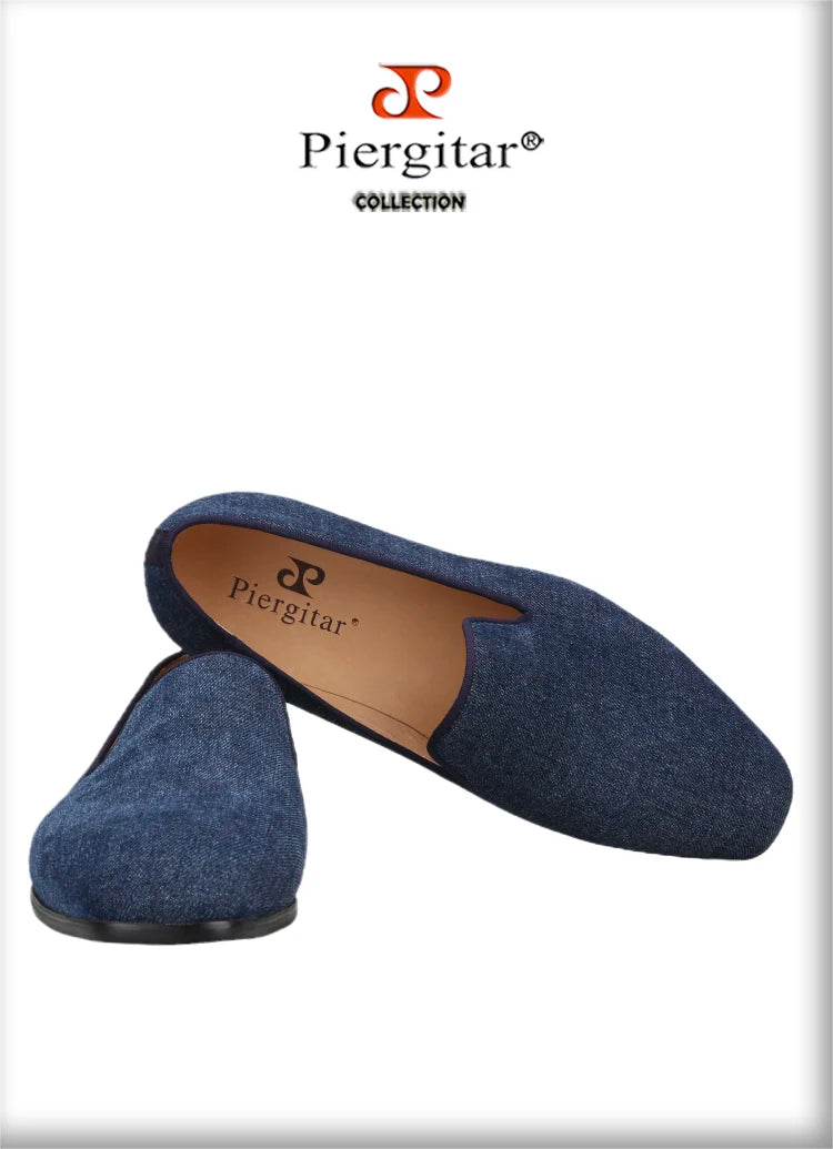 Piergitar 2022 New Summer Style Navy Denim Men's Loafers Red Outsole Man Smoking Slippers Breathable Leather Insole Plus Size