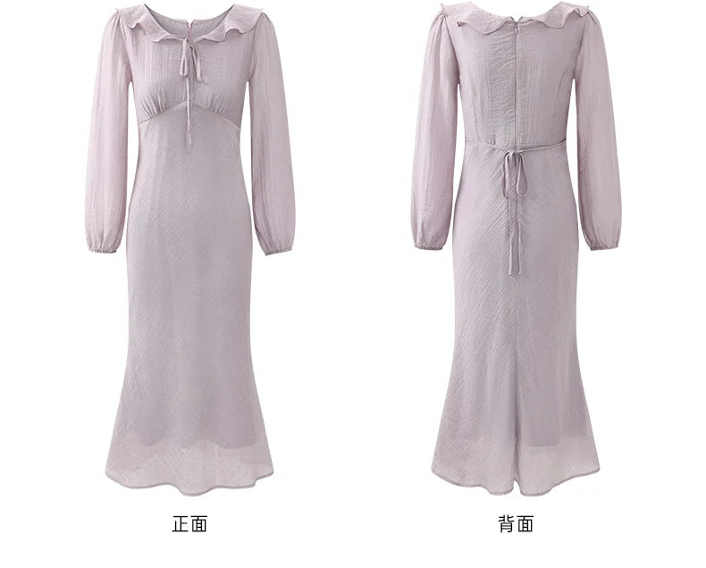 Elegant Purple Long Sleeve Dress for Women Summer Slim Fit Mermaid Maxi Dress High Waist Bodycon Formal Outfit for Petite Ladies