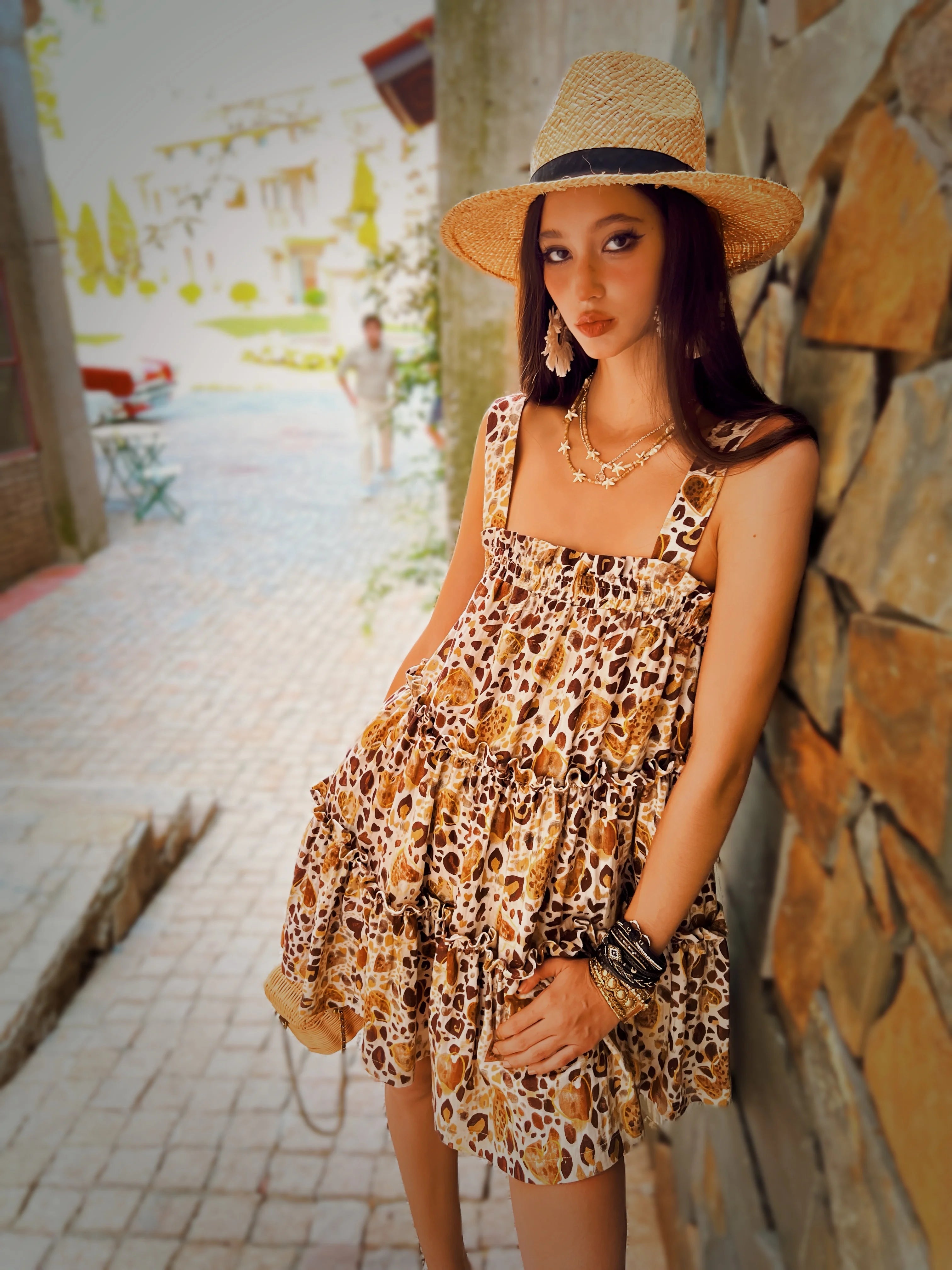 Summer Print Spaghetti Strap Dress Women's Dress Backless Long Camisole Dress Knee-Length Skirt Y2K 2025 New DABUWAWA DM2BDR002