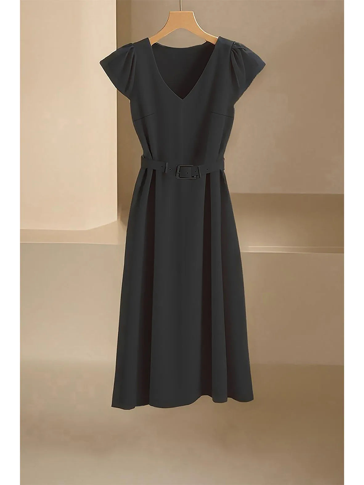 2024 Spring Summer Women's V-Neck Midi Dress Soft Stretch Office Casual Chic Solid Color No Belt Included