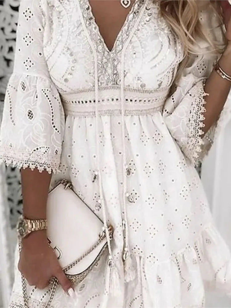 Women's White Hollow Lace up Mini Dress