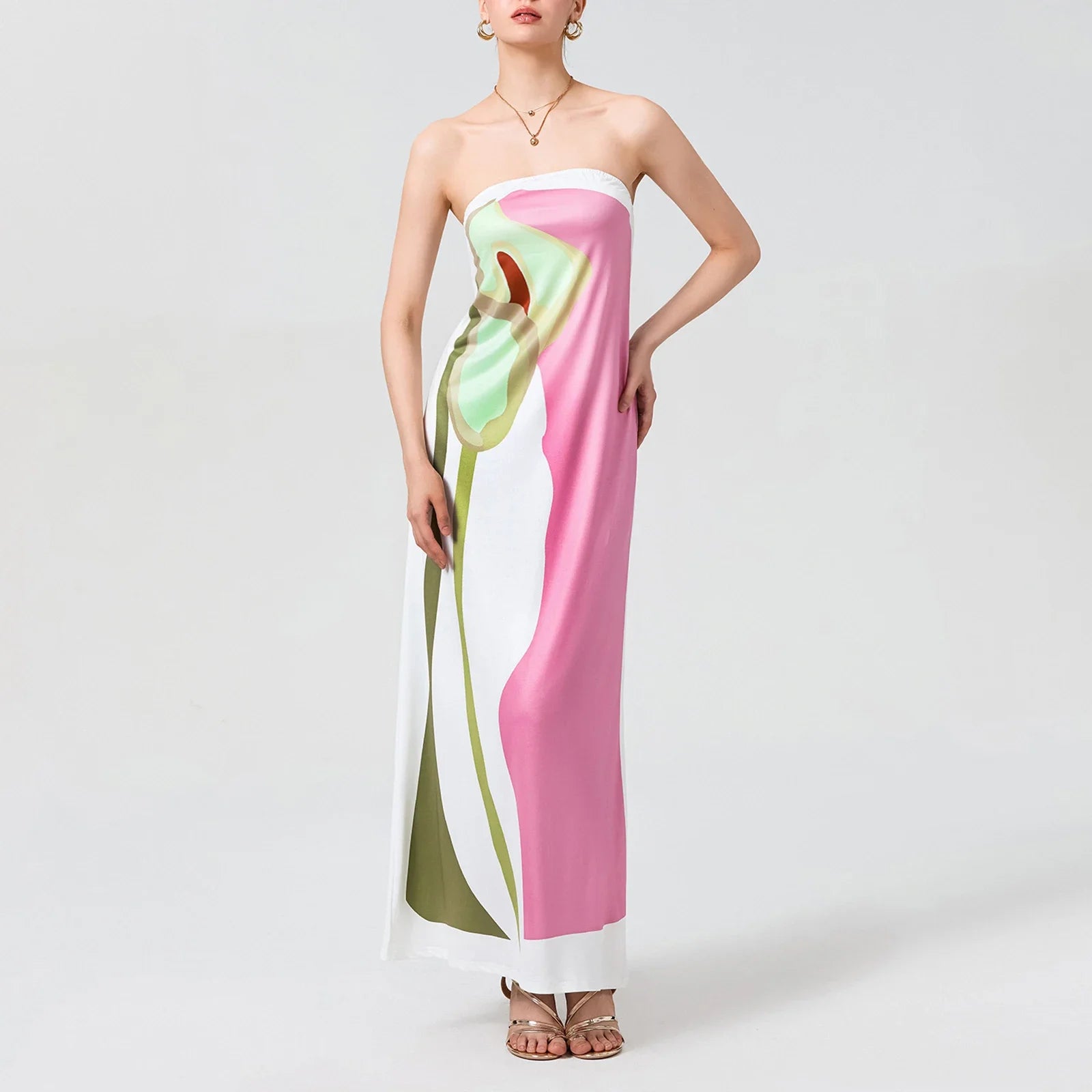 Tube Bodycon Dress Women Elegant Avocado Print Strapless Elegant Maxi Dress Sleeveless Holiday Robes Summer Chic Long Dress