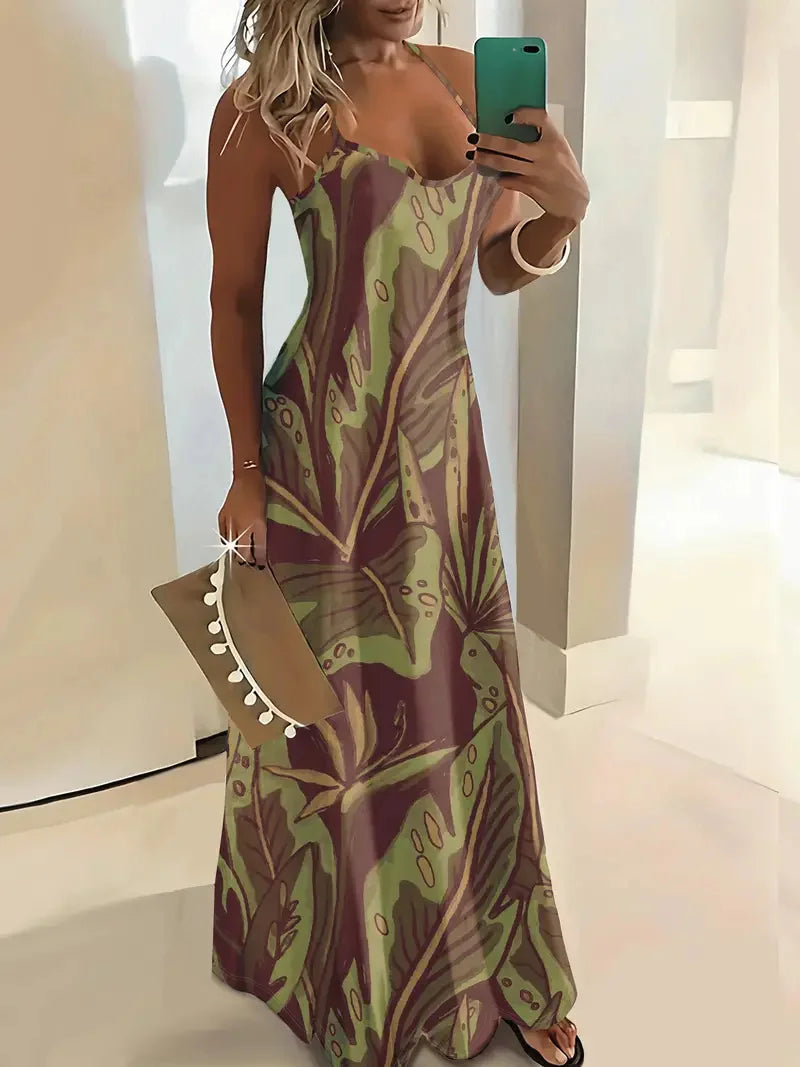 Summer Fashion Loose Women's Long Dress Colorful Botanical Flower Print V-Neck Print Casual Long Dress Bohemian Beach Dress