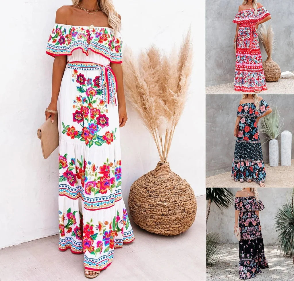 2024 Spring/Summer New Women Retro Fashion One Shoulder Red Flower Printed Waist Collection Long Style Large Swing Casual Dress