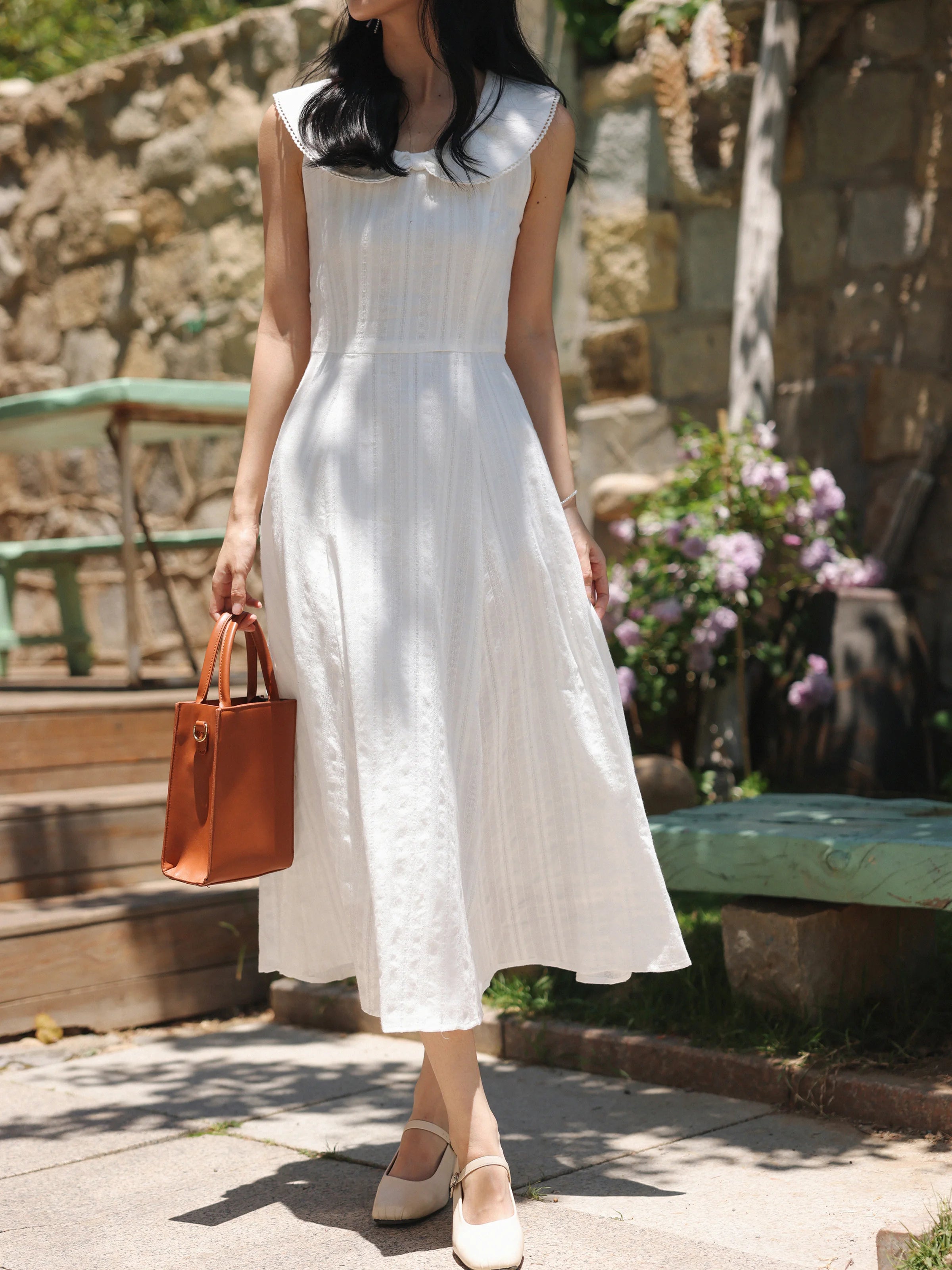 White Bow Jacquard Sundress Women Sweet Summer A-Line Dress with Tie Straps Petite Fit Flowy Midi Dress Cute Vacation Daily Wear