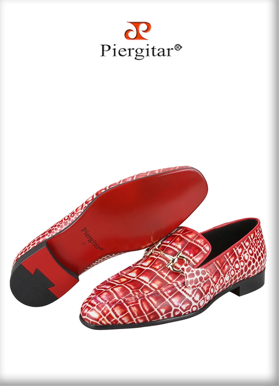 Piergitar Classic Model Gold Horsebits Men's Loafers Red And Light Green Crocodile Pattern Calfskin Handmade Slip-On Slippers