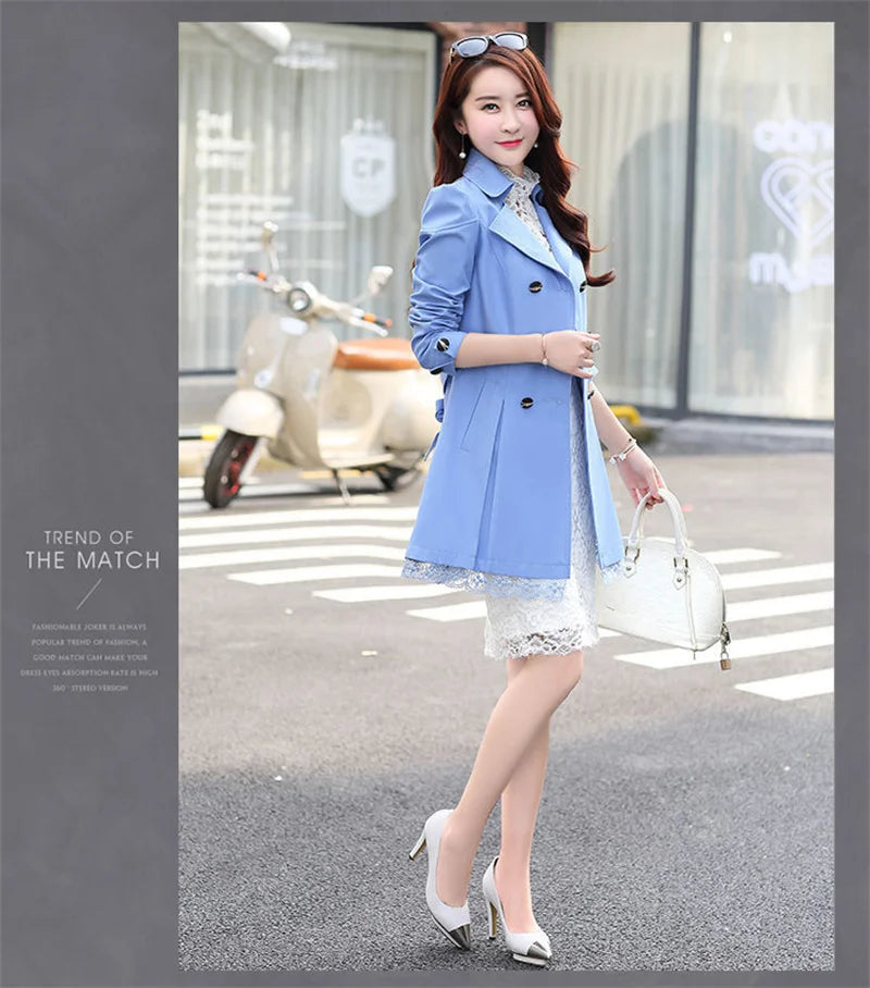 2025Spring Autumn New Windbreaker Coat Women Fashion Slim Mid Long Lace Trench Coat Female Casual Double-breasted Outerwear Tops