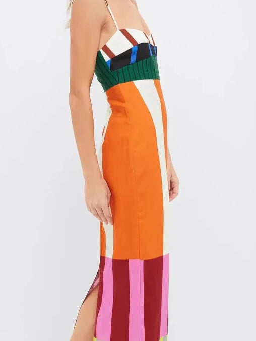 Women's Long Striped Colorful Spaghetti Strap Maxi Dress