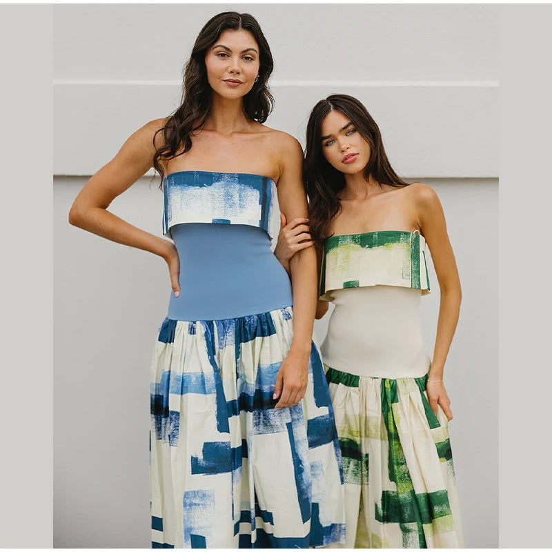 Women's Strapless Open Back Patchwork Long Dress