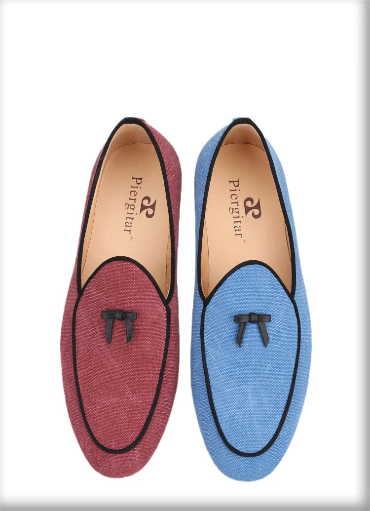 Three Colors Raw Canvas Belgian loafers with Calfskin Bows, Handmade Slip On Classic Mens Smoking Slippers
