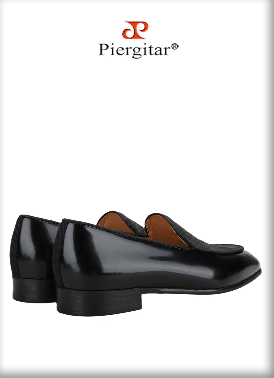 Piergitar Flower Pattern Embossed Leather Patchwork With Black Calfskin Men's Loafers Handmade Slip-On Slippers Red Bottom Flats
