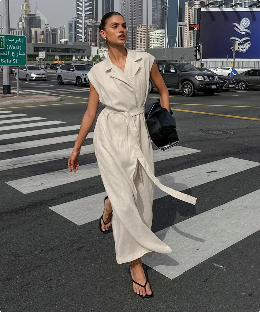 2025 Autumn New Style Commuter Long Skirt For Women Elegant Fashionable Solid Color Lapel Sleeveless High Waist Lace-up Dress