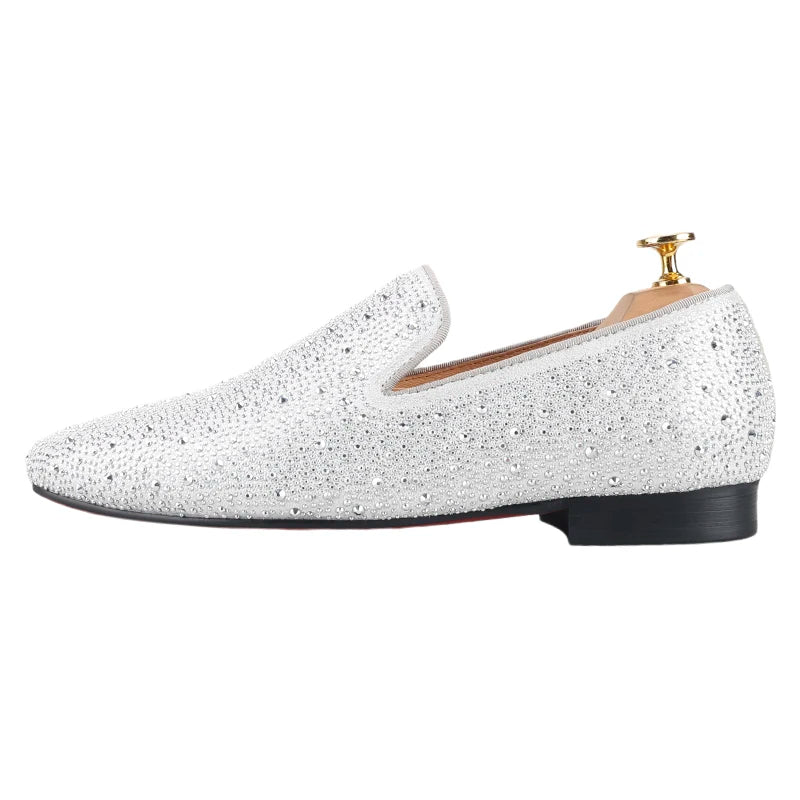 Piergitar Sliver Genuine Leather Men's Loafers With Handmade Bright And Shiny Rhinestones For Fashion Party/Banquet Red Bottom