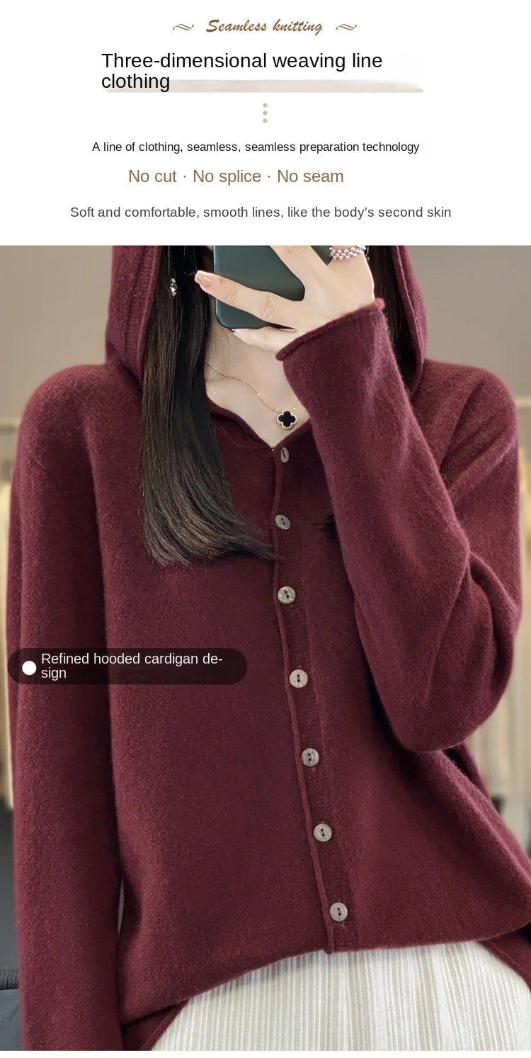 First Line 100% Merino Wool Knitted Cardigan Women's Autumn And Winter Hoodie Loose Sweater Fashionable Versatile Coat Top YC014