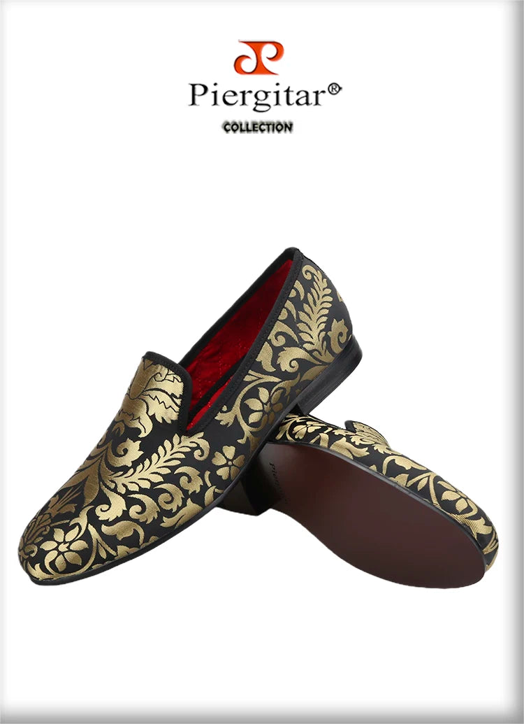 Piergitar 2023 New Upgrade Style Baroque Gold Jacquard Silk Men Loafers For Party Pair With Gold Suit Plus Size Moccasins