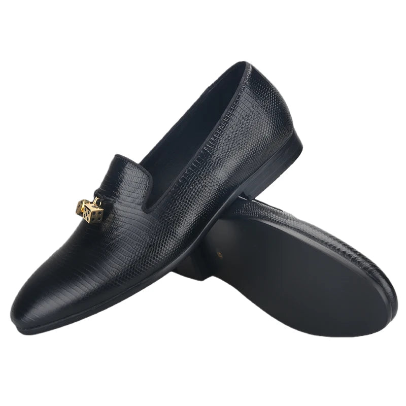 Piergitar Black Lizard Embossed Leather Men Loafers With Gold Titanium Steel Dice Buckle Tassels GZ Same Design Slip-On Moccasin