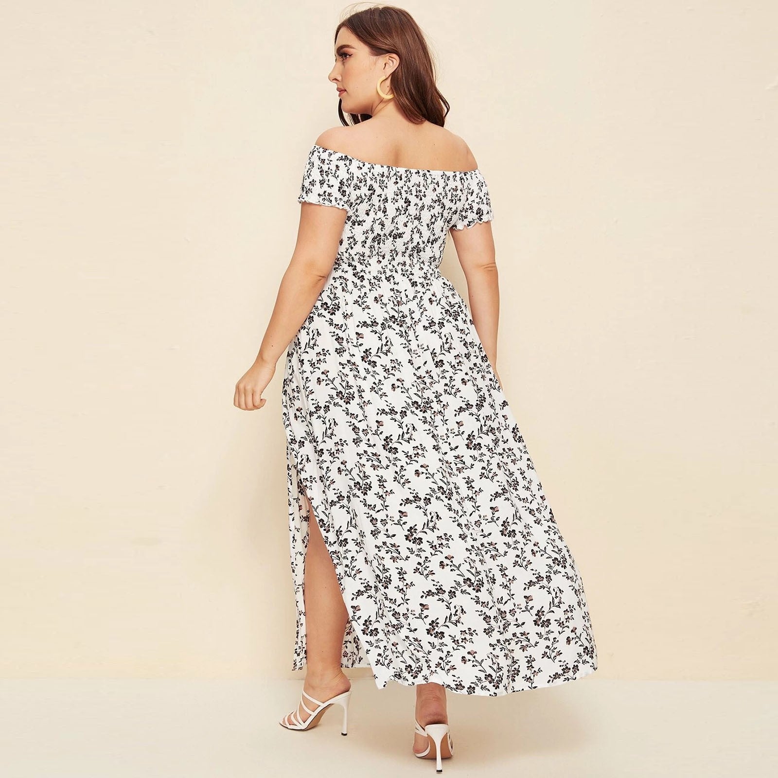 Plus Size Summer Dresses with Slash Necks, Shirred Bodice and Split Thigh Floral Dresses