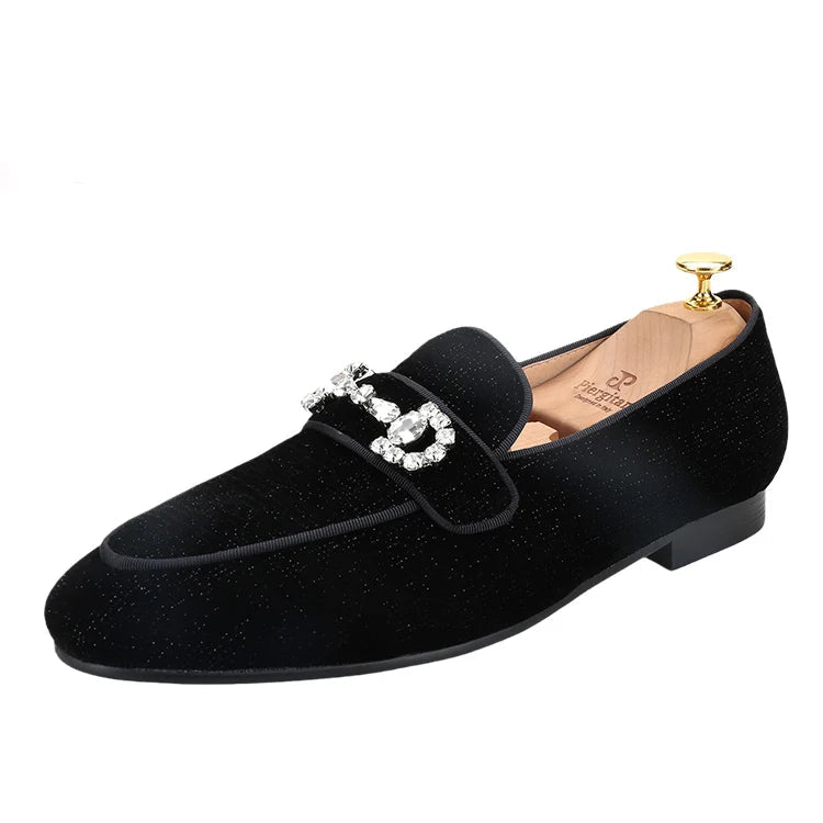 Black Velvet Loafers For Men With Crystal Rhinestone Horsebit Embellishments