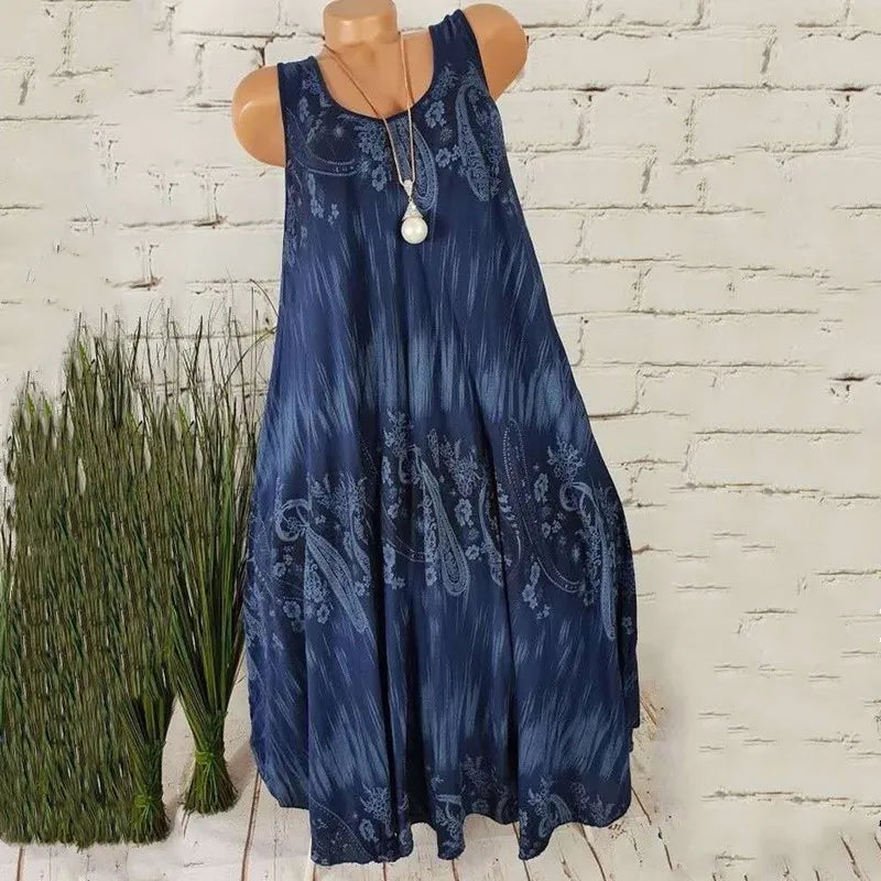 Elegant Floral Printed Lace Stitching O-Neck Sleeveless Women Summer Loose Tank Dress 2024
