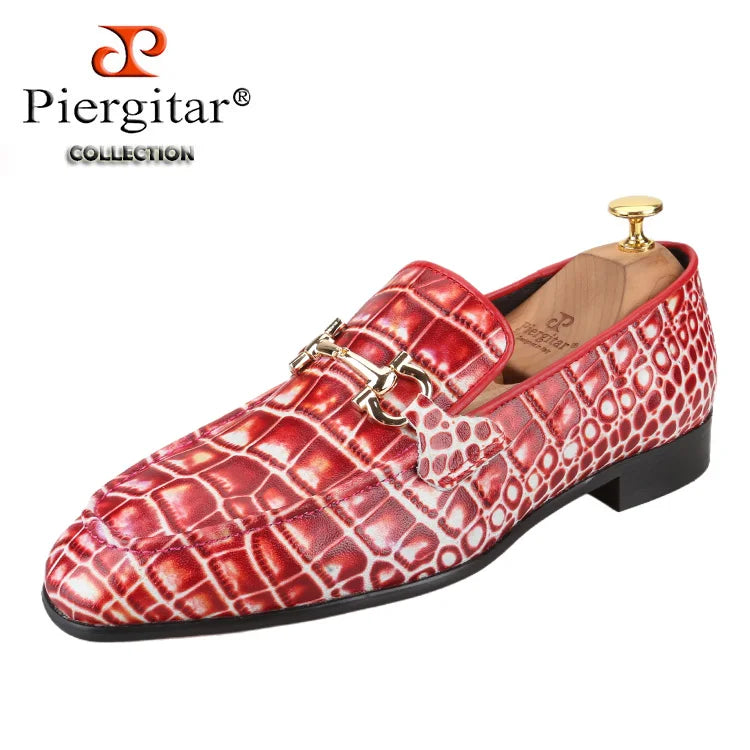 Piergitar Classic Model Gold Horsebits Men's Loafers Red And Light Green Crocodile Pattern Calfskin Handmade Slip-On Slippers