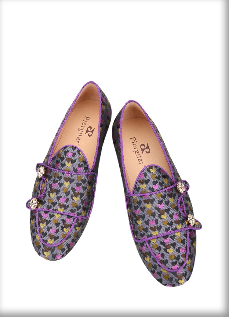Men's slip-on monk shoes with gold buttons and a violet color silk heart jacquard, made by hand.