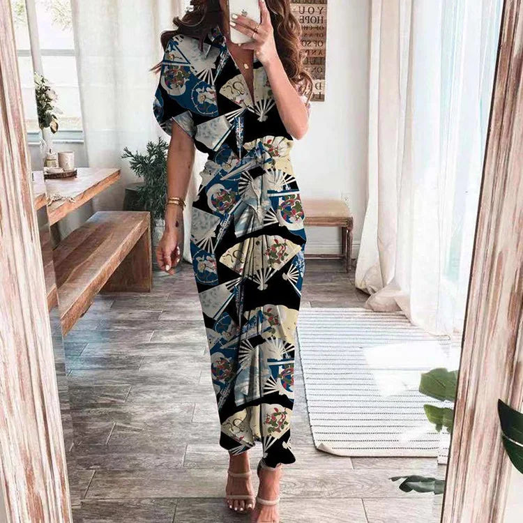 Women's Boho Print Turn-down Collar Dress