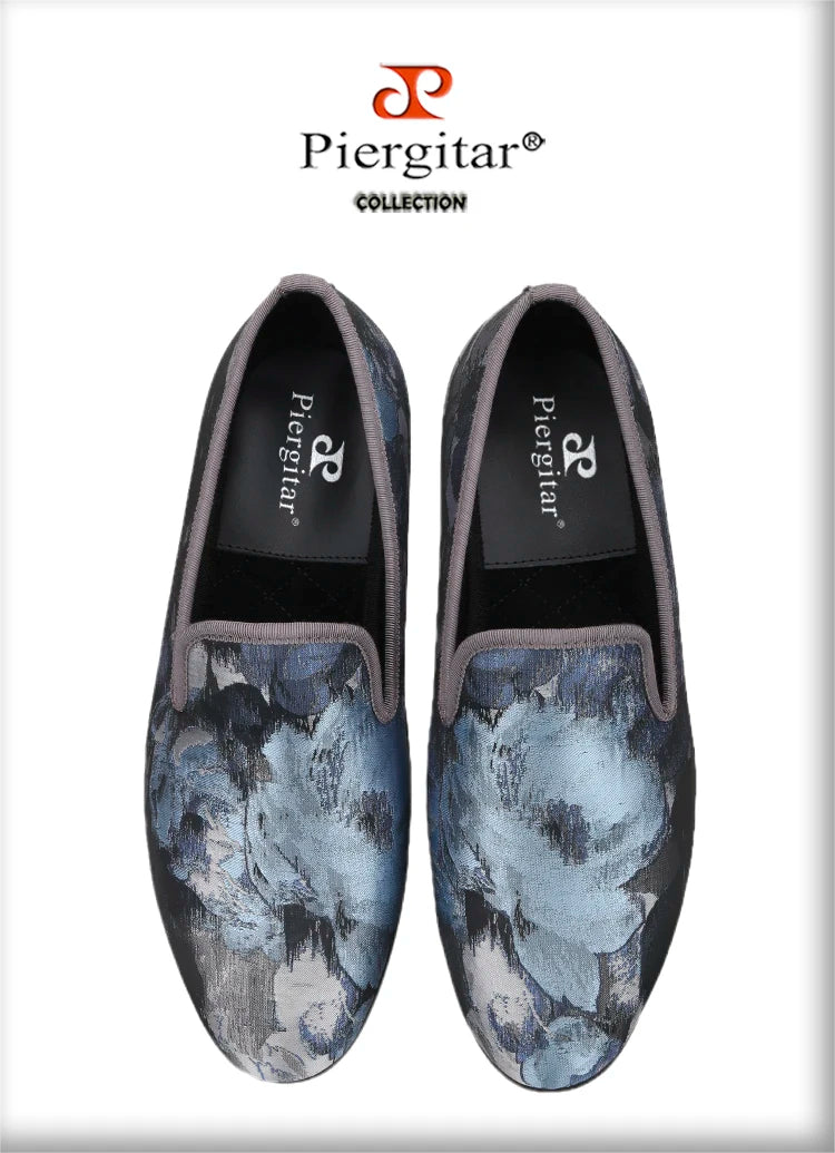 Piergitar 2023 New Abstract Printed Cotton Men's Loafers For Party Handmade Slip-On Moccasins Red Outsoles Smoking Slippers