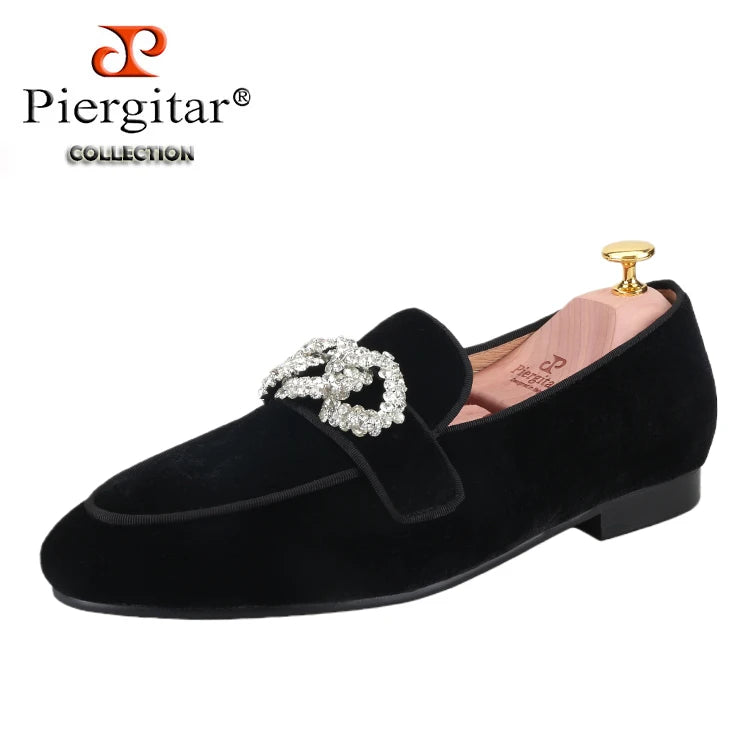 Piergitar Black Velvet Slippers With Matching Gros-grin Piping And Chain-Shaped Allover Crystals Handmade Slip-On Men's Loafers