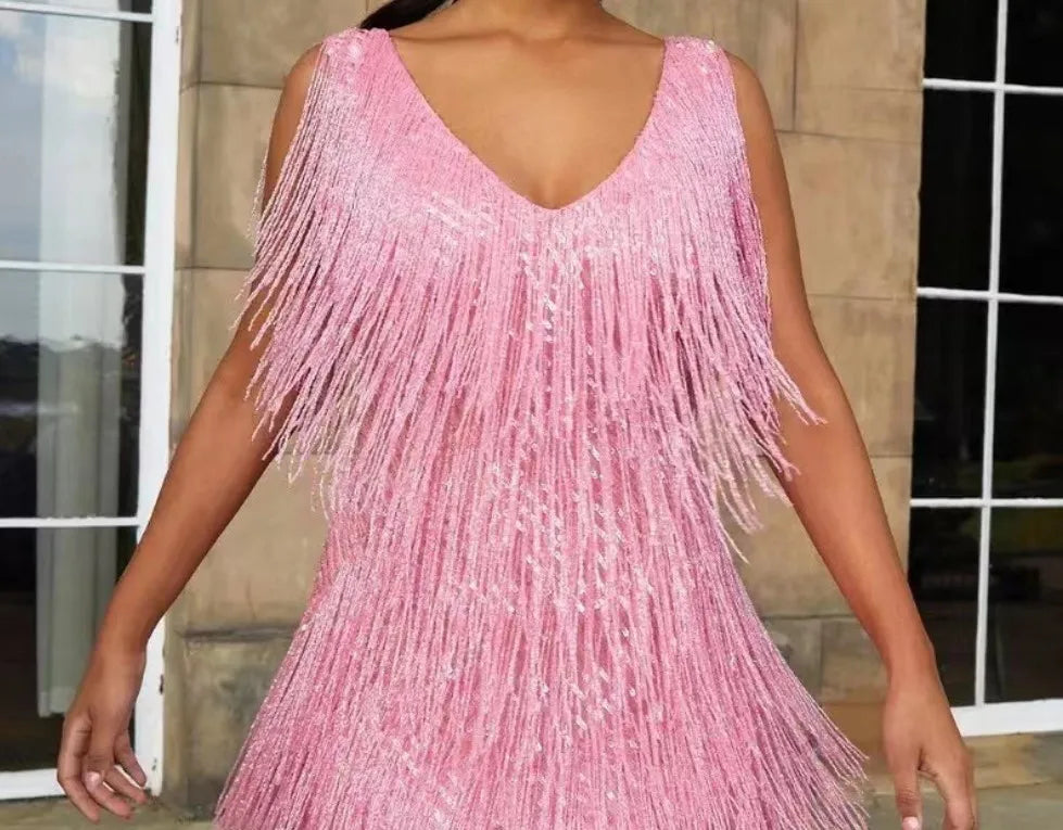 Women's V-neck Deep Sleeveless Pencil Dresses with Fringes