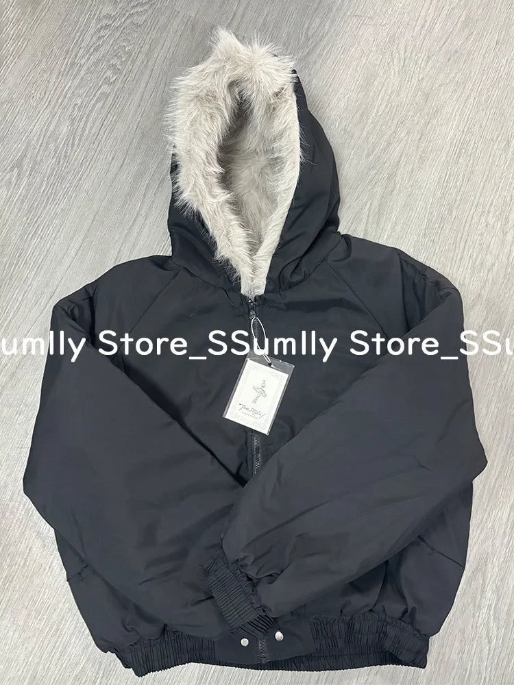 Winter New Elegant Liner Fur Loose Coat Women Y2k Fur Collar Hood Thick Fashion Parkas Casual Outerwear Cotton Padded Jackets