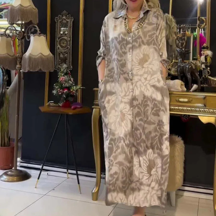 Women's Turn Down Collar Loose Fit Print Dress