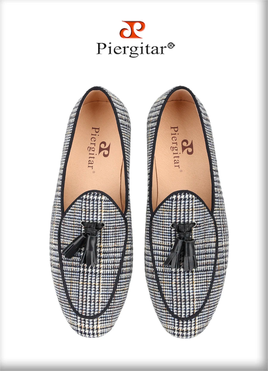 Piergitar Gray Color Gingham Cotton Men's Loafers With Leather Tassels Fashion Party Handmade Smoking Slippers Slip-On Flats