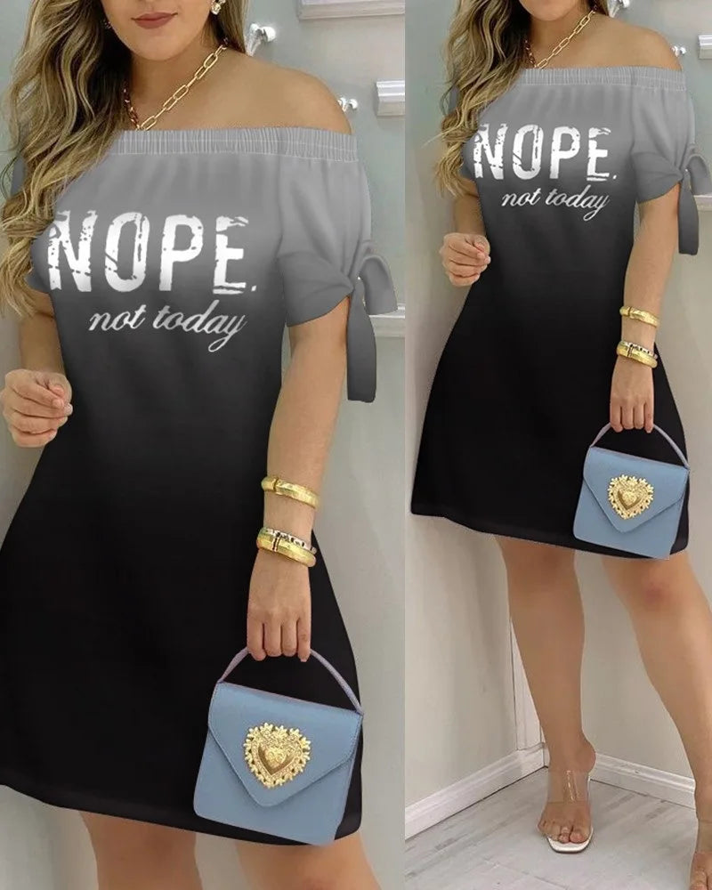 3XL Women's Casual Gradient Off Shoulder Short Sleeve Dress Bow Print Mini Dress