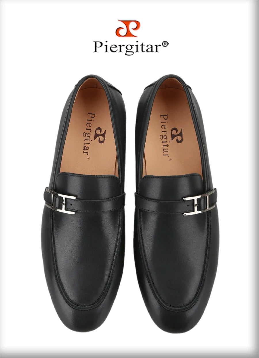 Piergitar Black Napa Calfskin Men Loafers Luxury Brand Same Style Customized Metal Buckles With Letter "H" Formal Leather Shoes