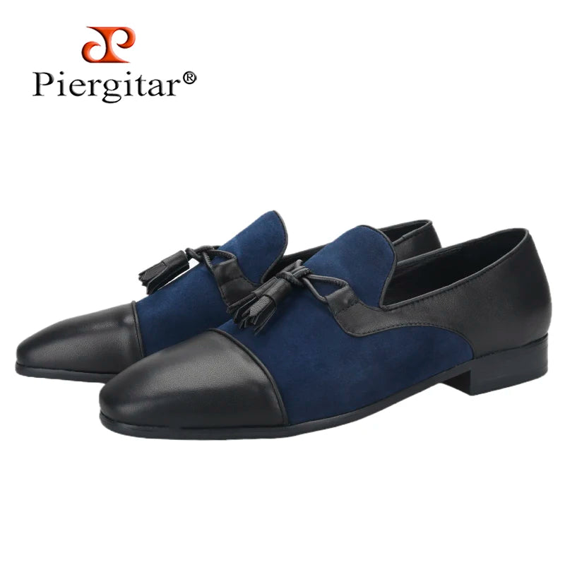 Piergitar 2023SS Navy Suede And Black Calfskin Leather Slippers With Handmade Tassels Italian Design Classic Men's Loafers
