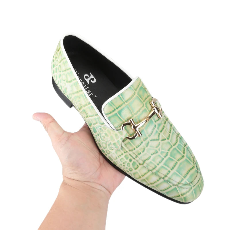 Piergitar Classic Model Gold Horsebits Men's Loafers Red And Light Green Crocodile Pattern Calfskin Handmade Slip-On Slippers