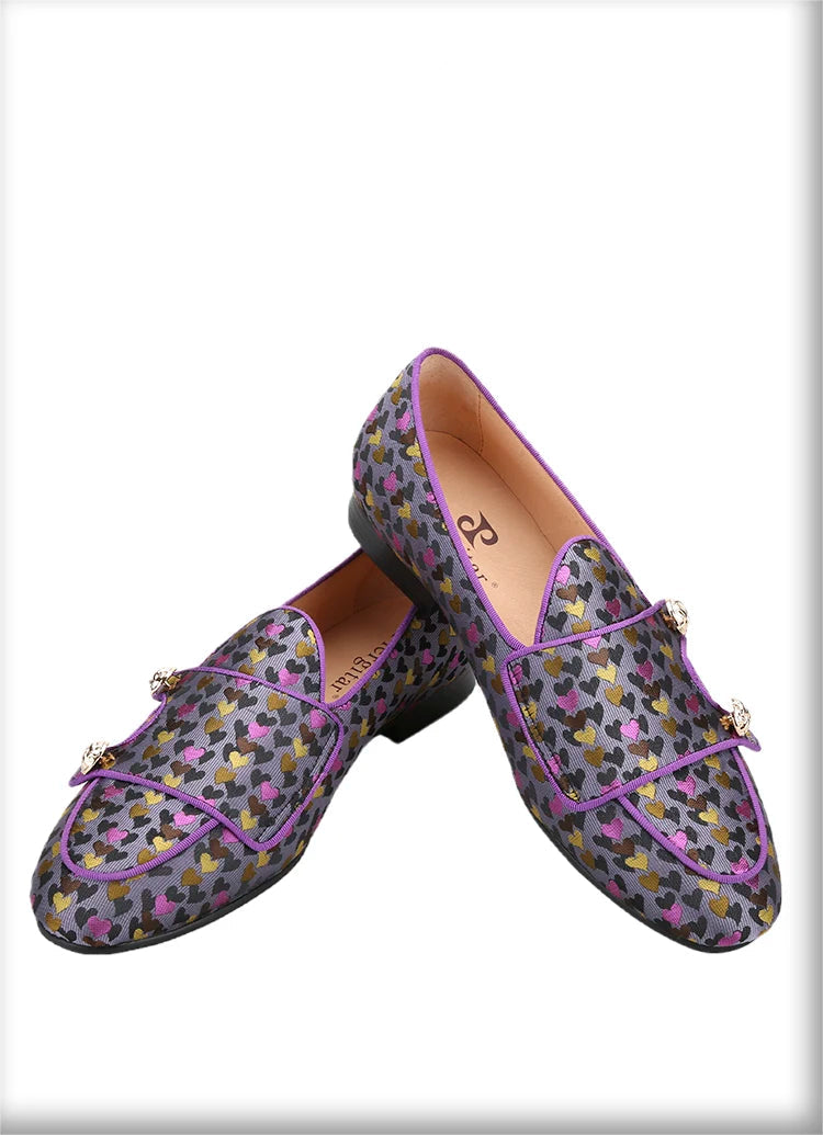 Men's slip-on monk shoes with gold buttons and a violet color silk heart jacquard, made by hand.