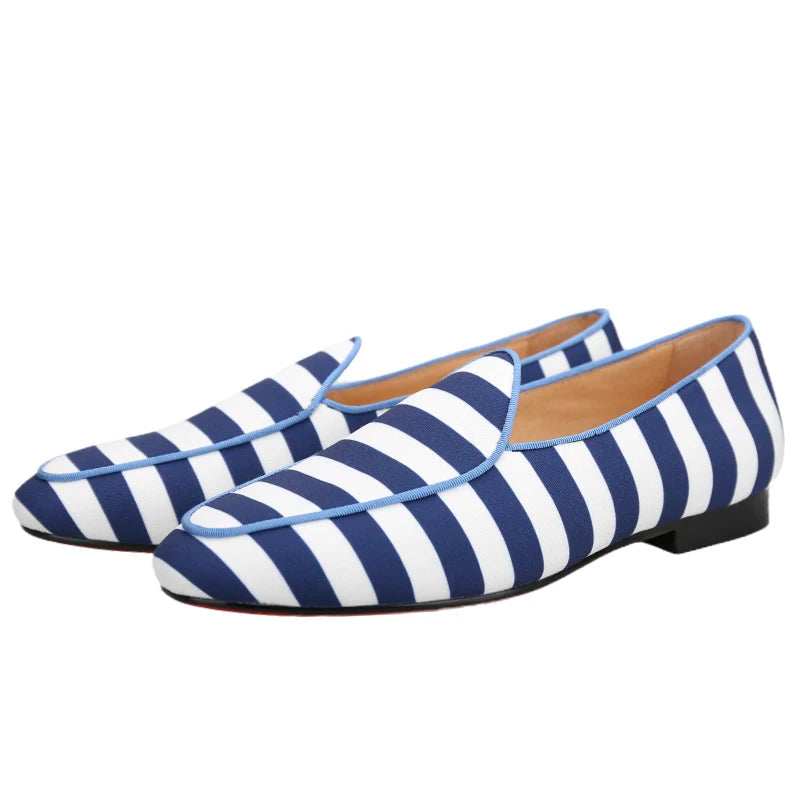 Red Bottom Male Slip-On Loafers With Blue And White Stripes Canvas For Prom And Party New Arrival