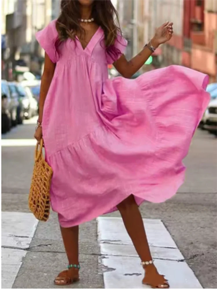Casual Loose Short Sleeved V-neck Solid Color Women's Dress High Street Fashion Dating Vacation Summer Dress