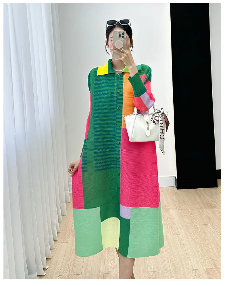 Miyake Women's Color Matching Dress, Autumn and Winter New Fashion Print Pleats, Medium Length, Loose Length Skirt