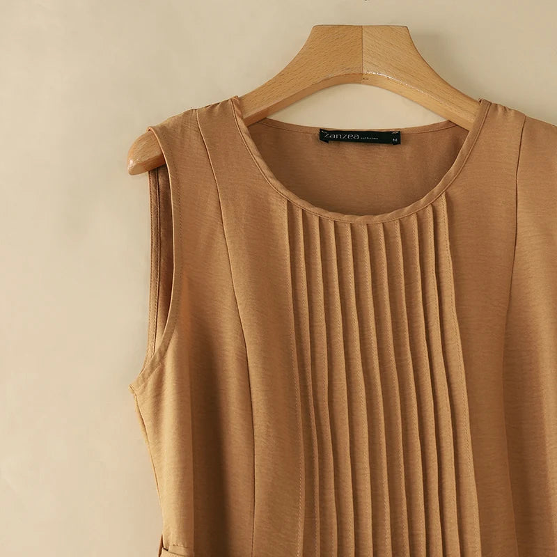 ZANZEA Women Round Neck A-lin Midi Dress Korean Casual Tank Robe Casual Solid Pleated Vestidos 2024 Summer Sleeveless Sundress