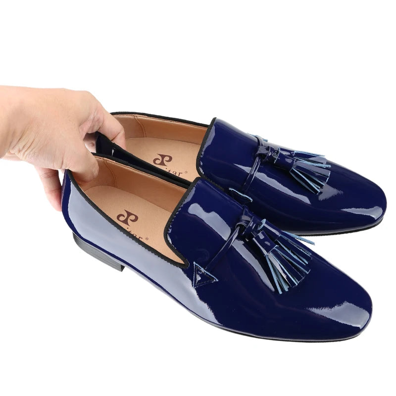 2024 New Model Royal Blue & Black Patent Leather Mens Tassels Shoe for Fashion Party Handmade Slip On Loafers