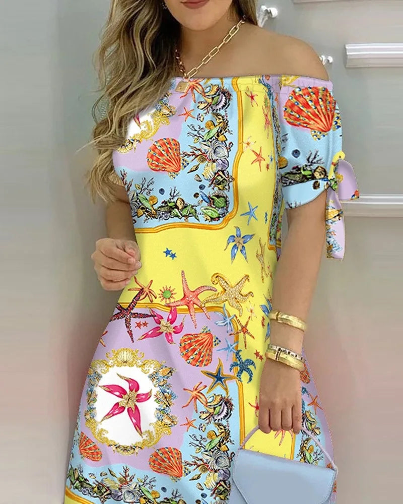 3XL Women's Casual Gradient Off Shoulder Short Sleeve Dress Bow Print Mini Dress