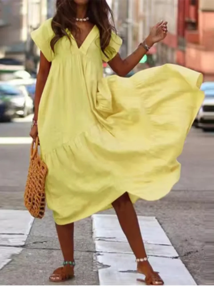 Casual Loose Short Sleeved V-neck Solid Color Women's Dress High Street Fashion Dating Vacation Summer Dress