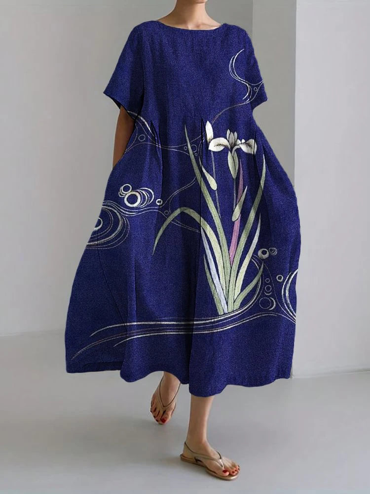 2024 Women's New Round Neck Long Casual Summer Dress Large Size Fresh Print