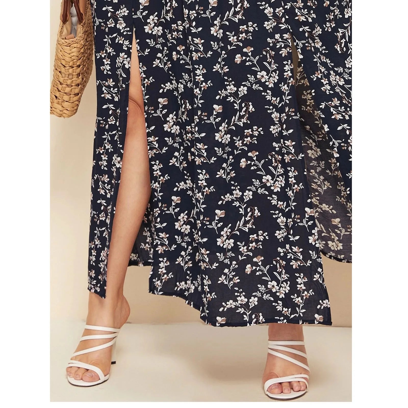Plus Size Summer Dresses with Slash Necks, Shirred Bodice and Split Thigh Floral Dresses